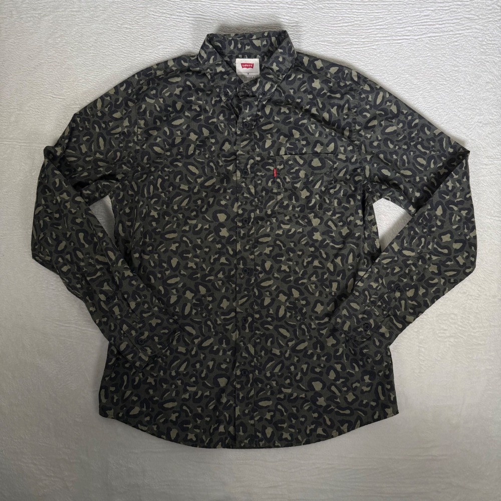 Levis Mens Olive Green Leopard Print Button Down Shirt Long‎ Sleeve M 3LGLW1638